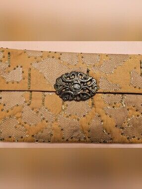 Gold Sequin Embellished Evening Clutch with Ornate Closure